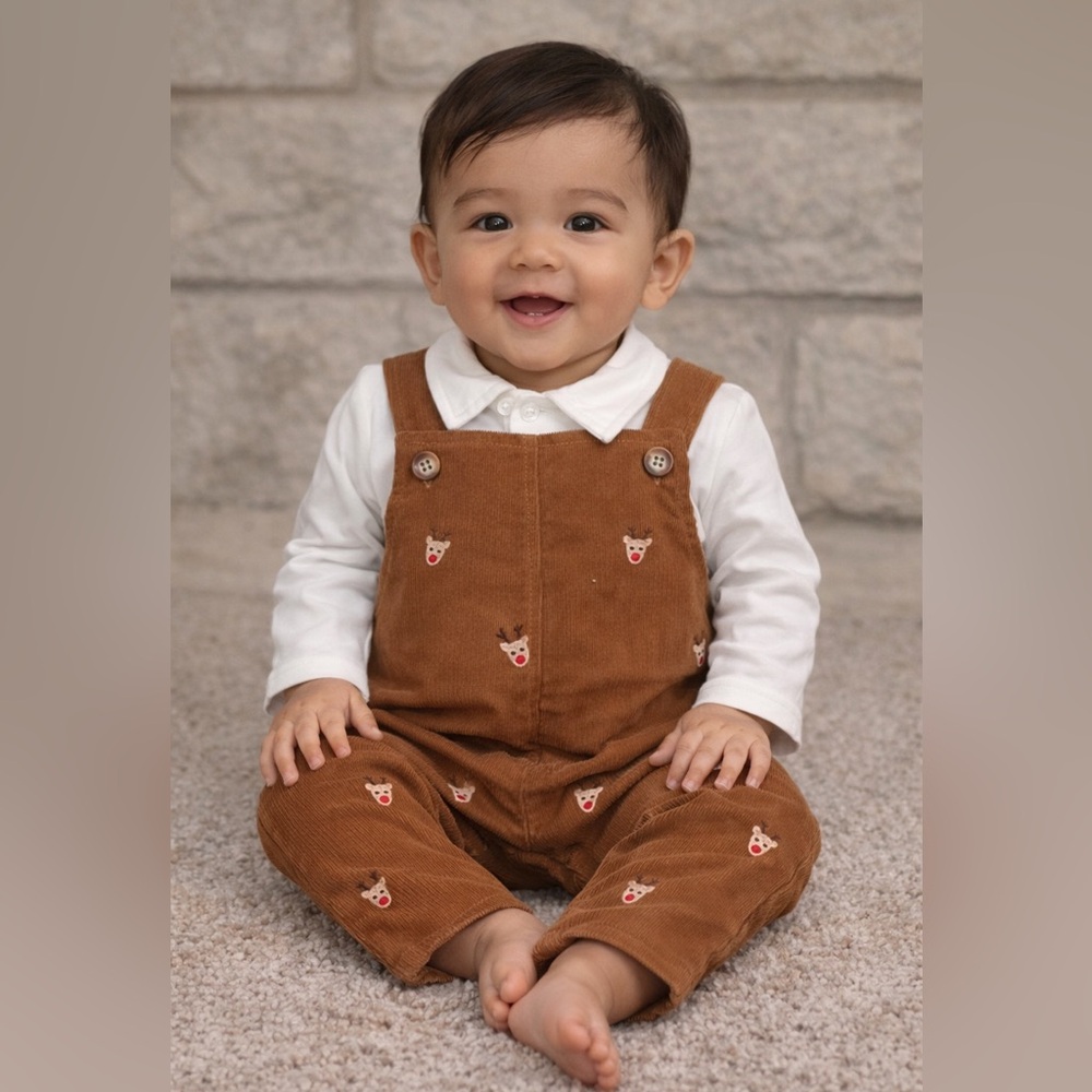 New with Tags! Adorable holiday corduroy romper with reindeer